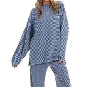 NEW THINGS BETWEEN homebody stripe fleece top in blue